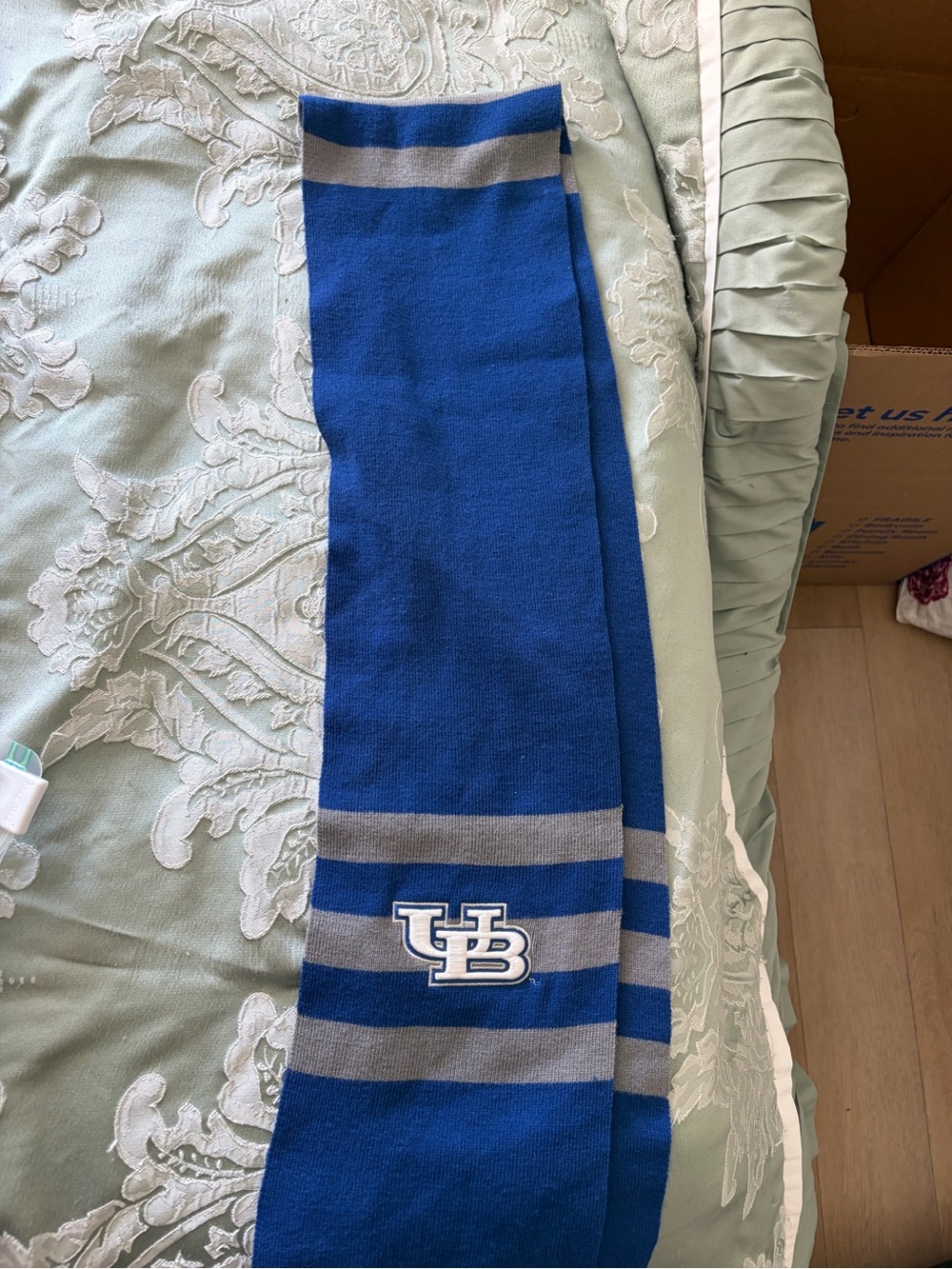 Branded Blue and Gray Knit Scarf - Collegiate Winter Accessory